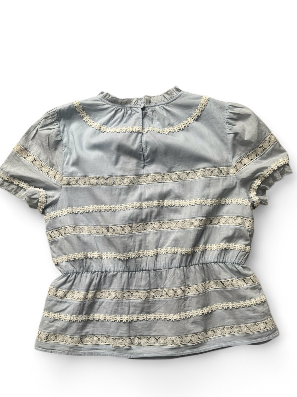 J.Crew Blue Lace Trim Peplum Blouse Short Sleeve Top Size M - Picture 3 of 4